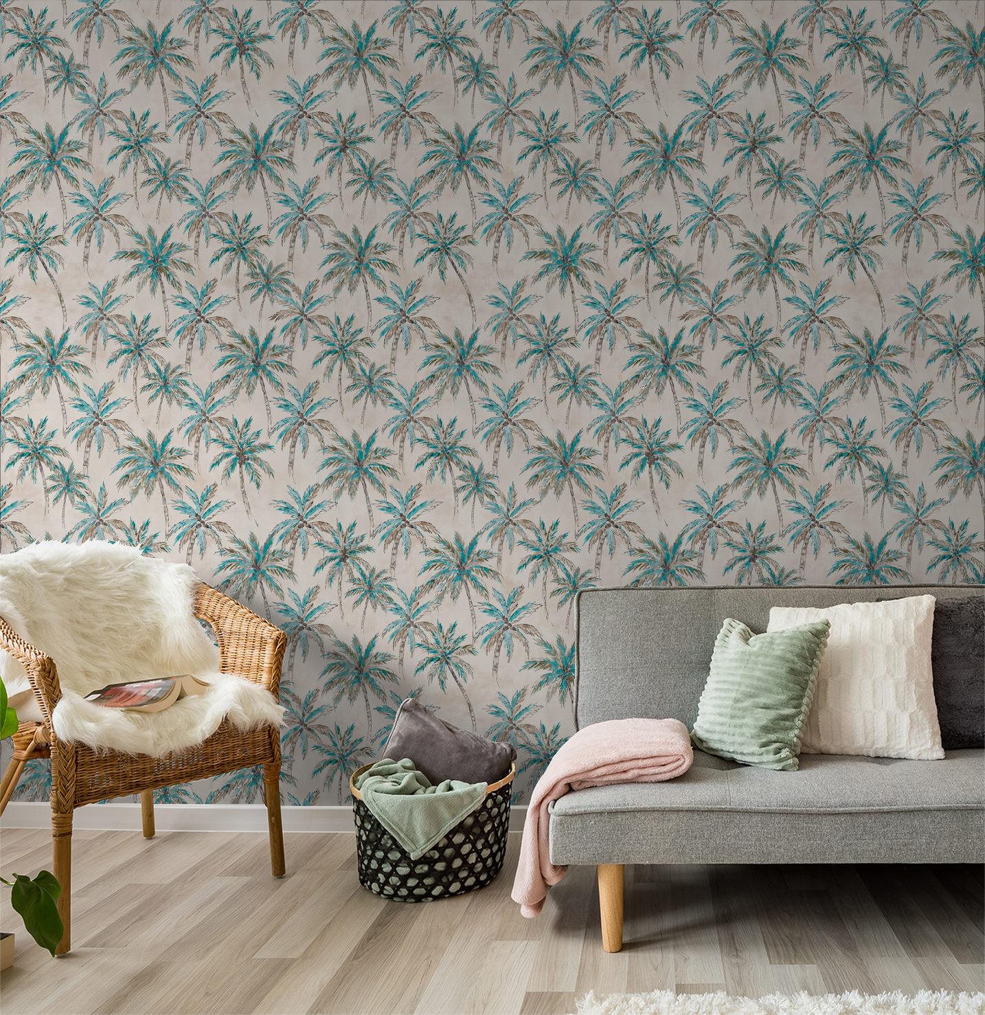 Tropical palm tree wallpaper in turquoise and brown with wicker chair and gray sofa.