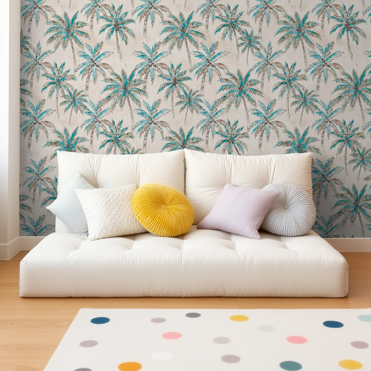Tropical palm tree wallpaper in turquoise and brown with white sofa and colorful pillows.