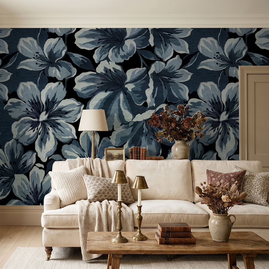 Twilight Blooms wallpaper with oversized blue flowers in elegant living room.