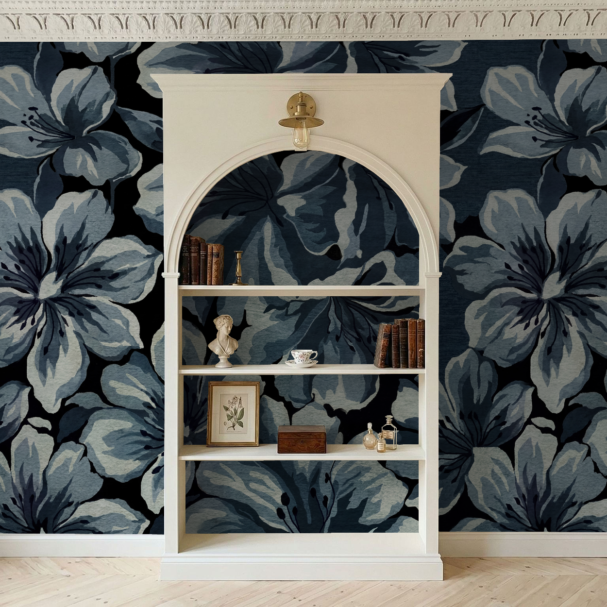 Twilight Blooms wallpaper with oversized blue flowers on dark background in elegant room setting.