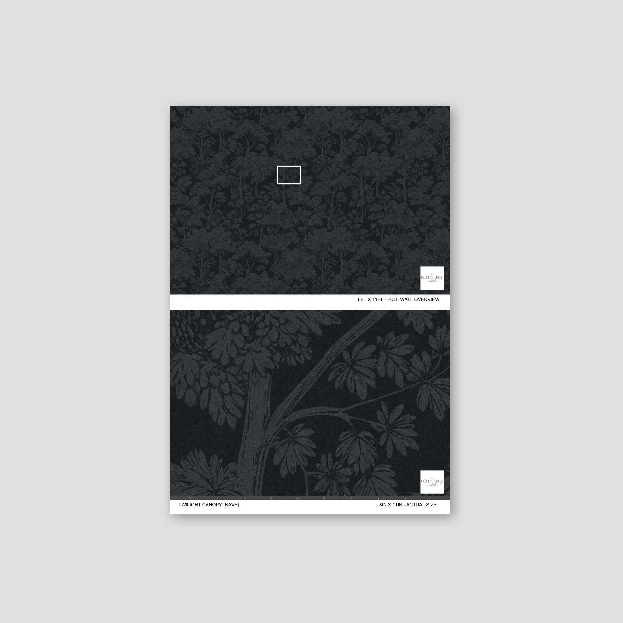 Navy wallpaper with tree silhouettes and foliage pattern, Twilight Canopy design.