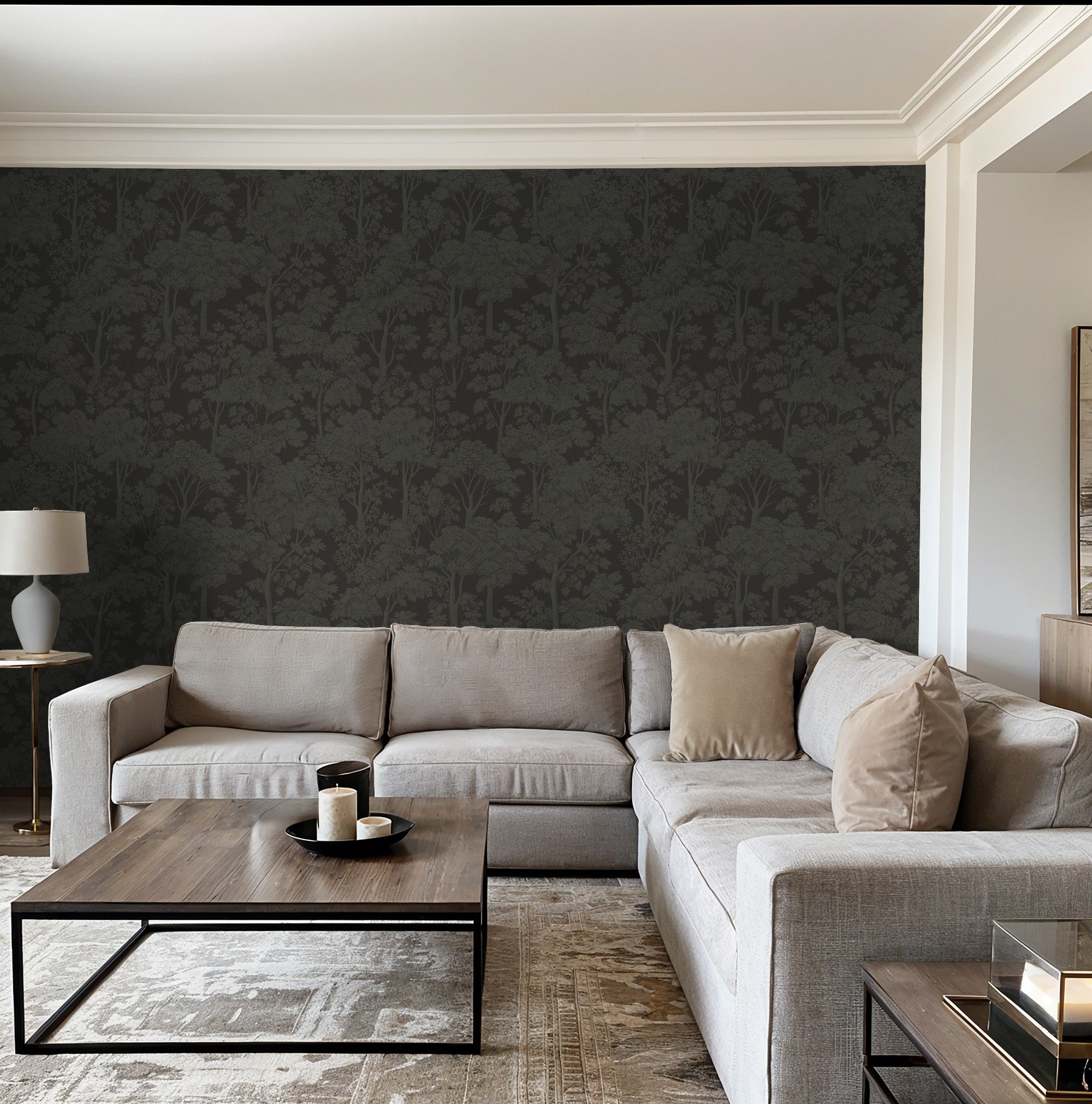 Twilight Canopy taupe wallpaper with tree silhouettes in modern living room.
