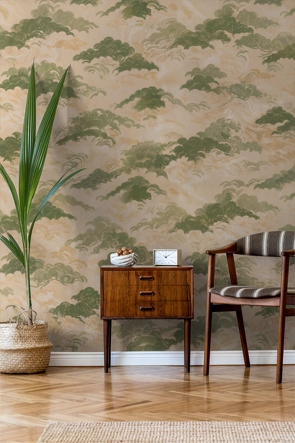Unkai wallpaper with green cloud pattern in serene living room setting.
