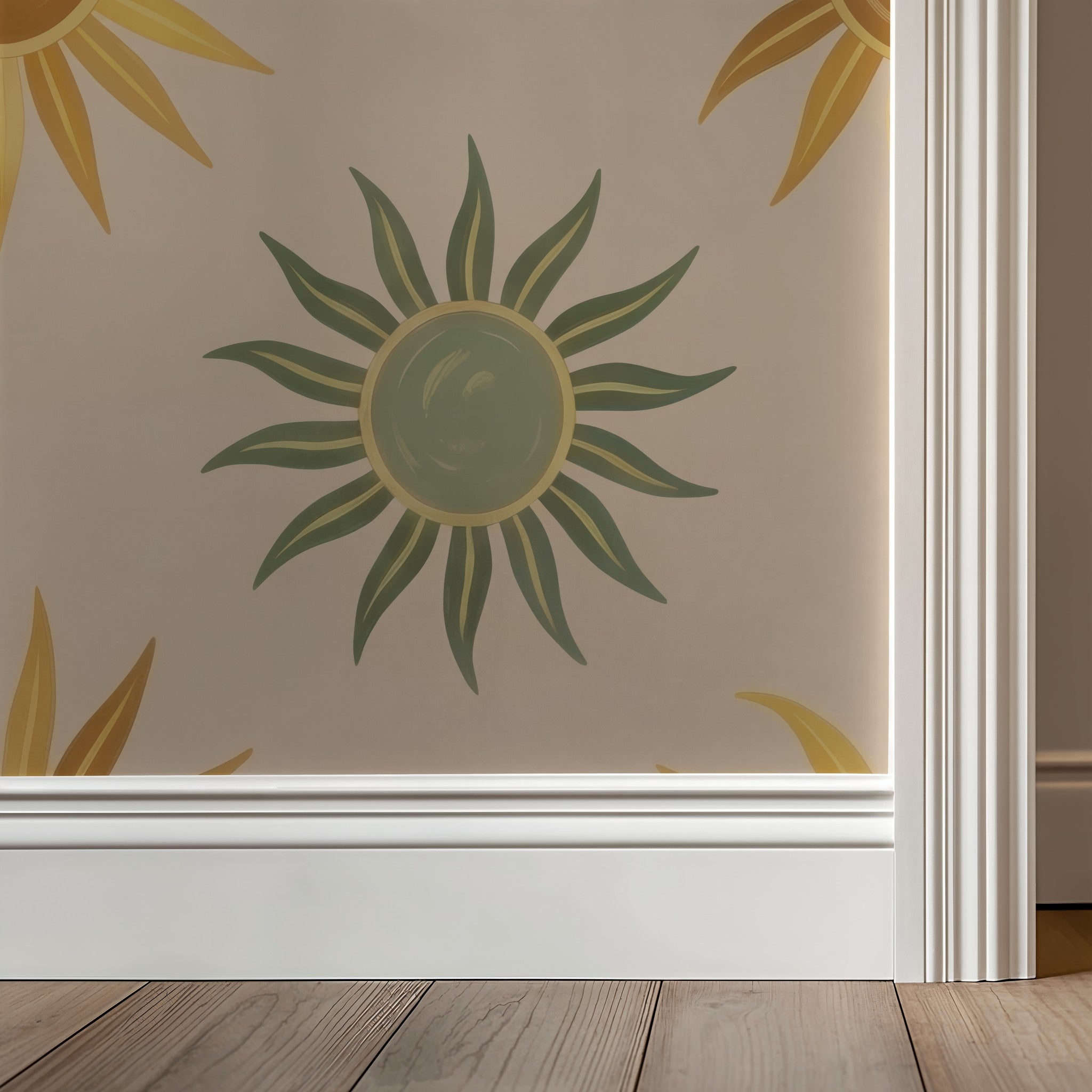 Verano wallpaper with green and yellow sun motifs on neutral background near baseboard.
