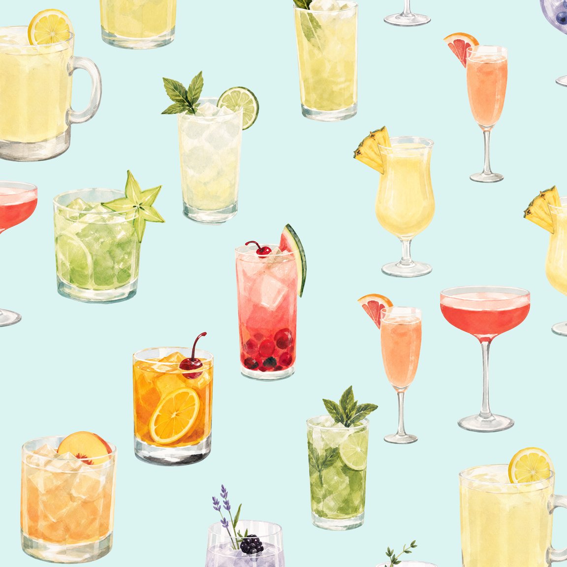 Vibrant cocktail pattern on aqua background, featuring colorful drinks.