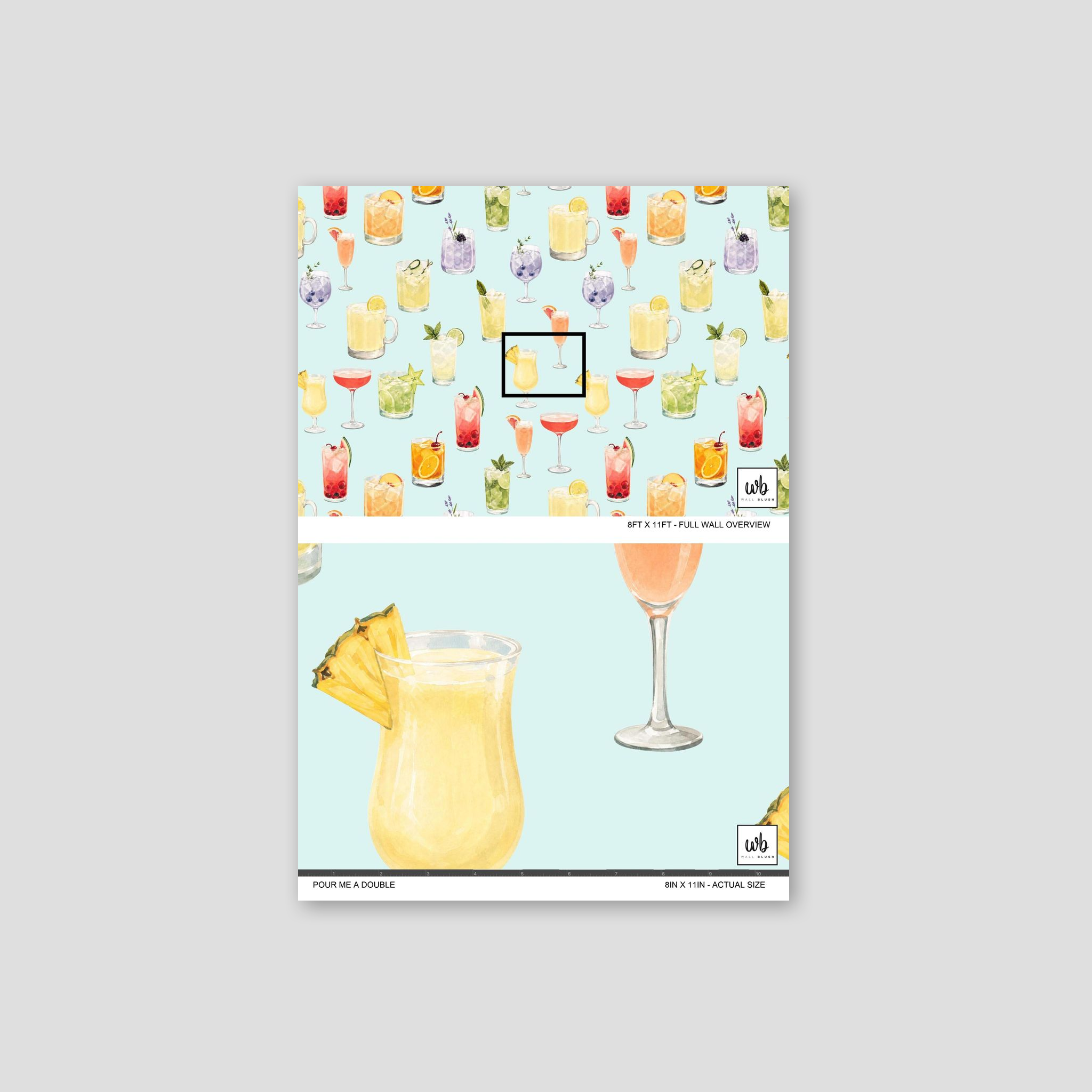 Vibrant cocktail-themed wallpaper with aqua background and colorful drinks.
