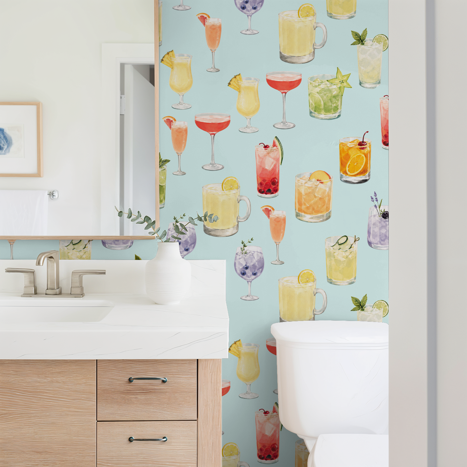 Vibrant cocktail wallpaper with aqua background in modern bathroom setting.