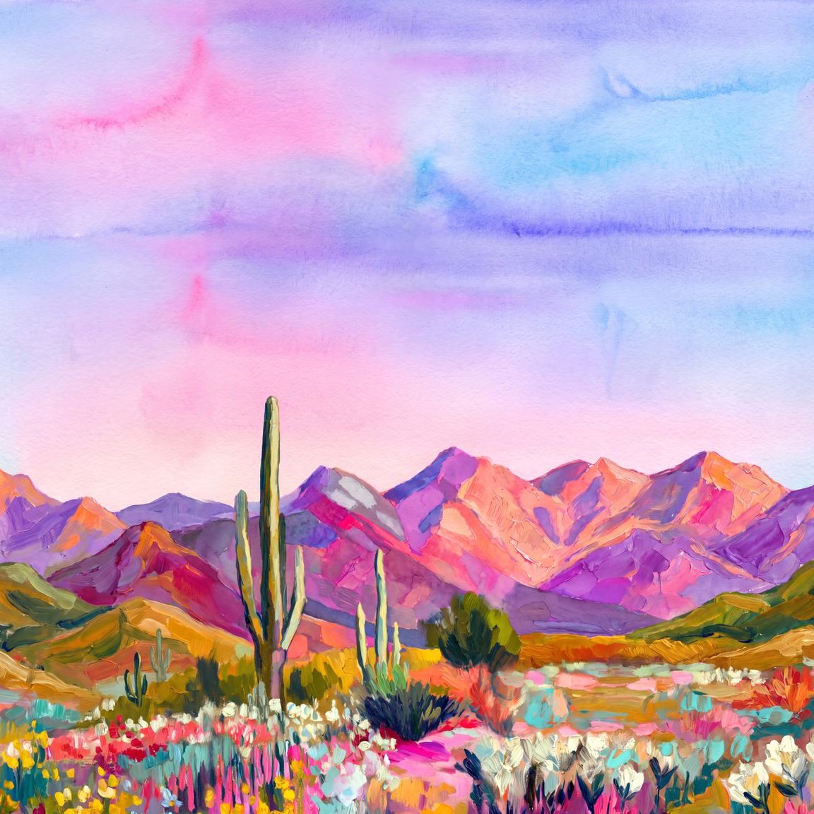 Vibrant desert landscape wallpaper with pink sky, mountains, and cacti.