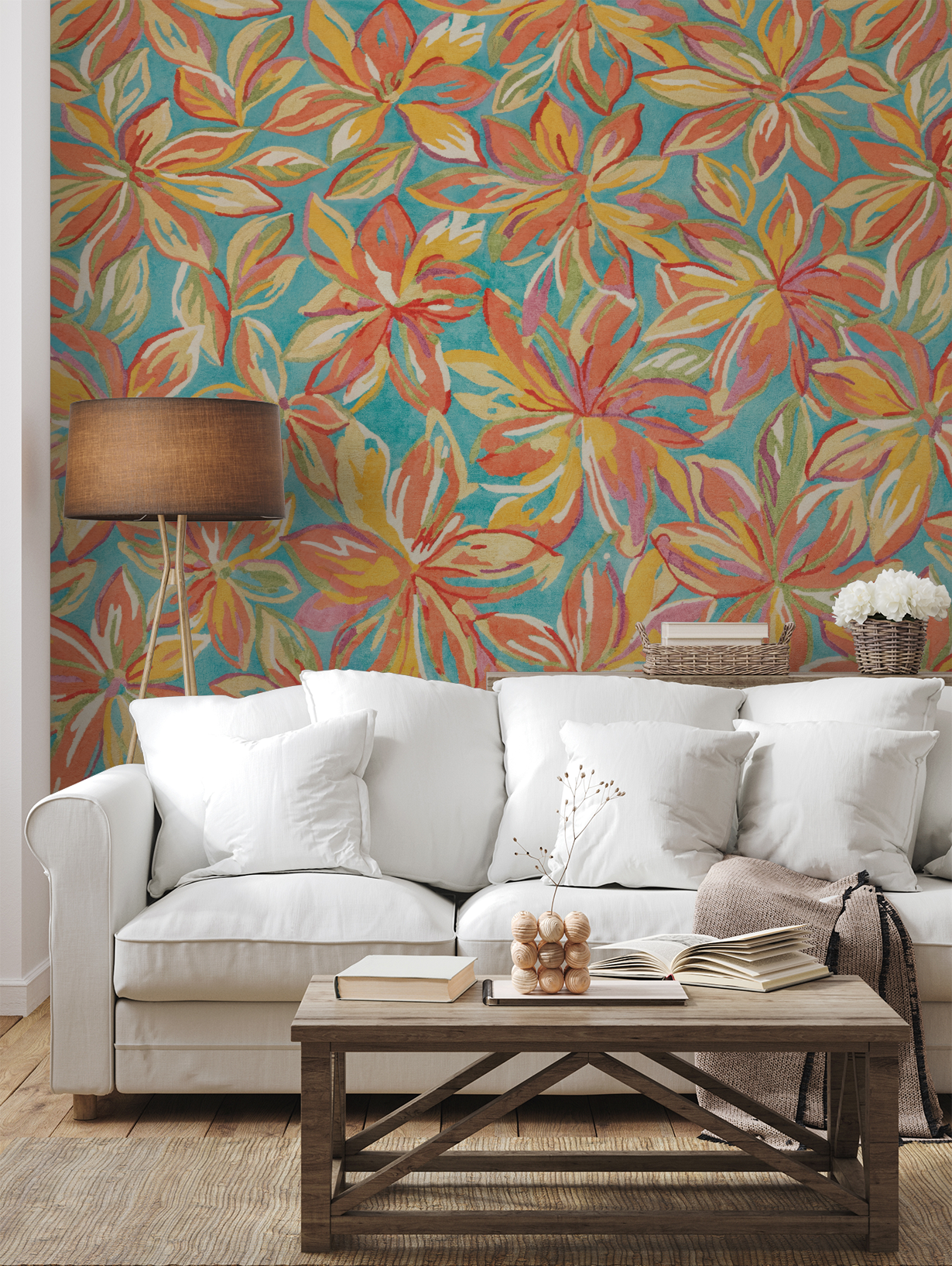 Vibrant floral wallpaper with aqua backdrop in cozy living room setting.