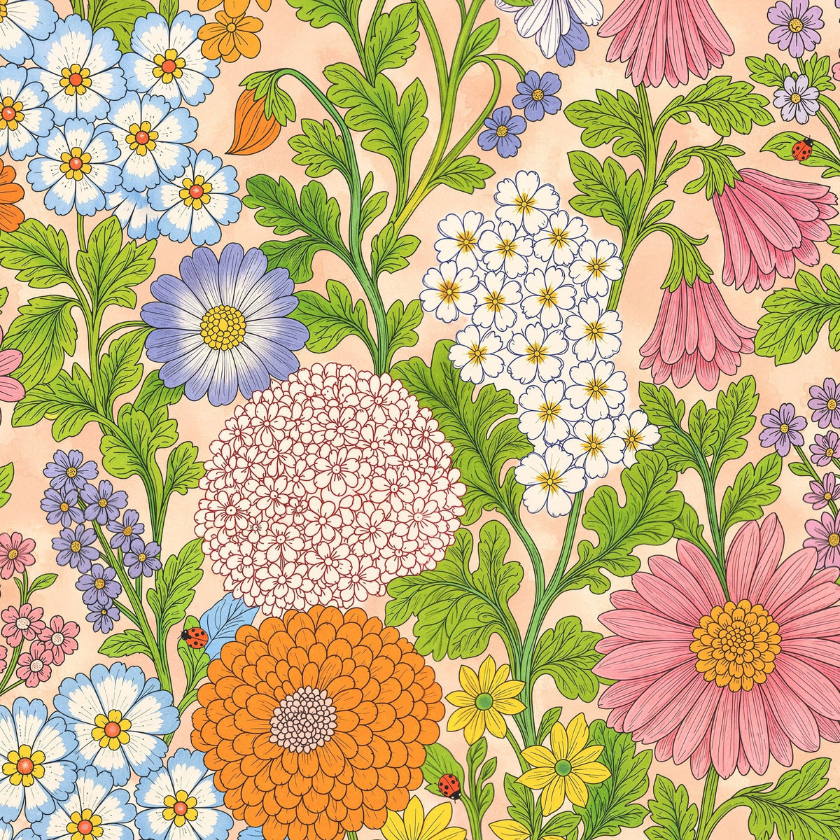 Vibrant floral wallpaper with pink, blue, orange blossoms on peach background.