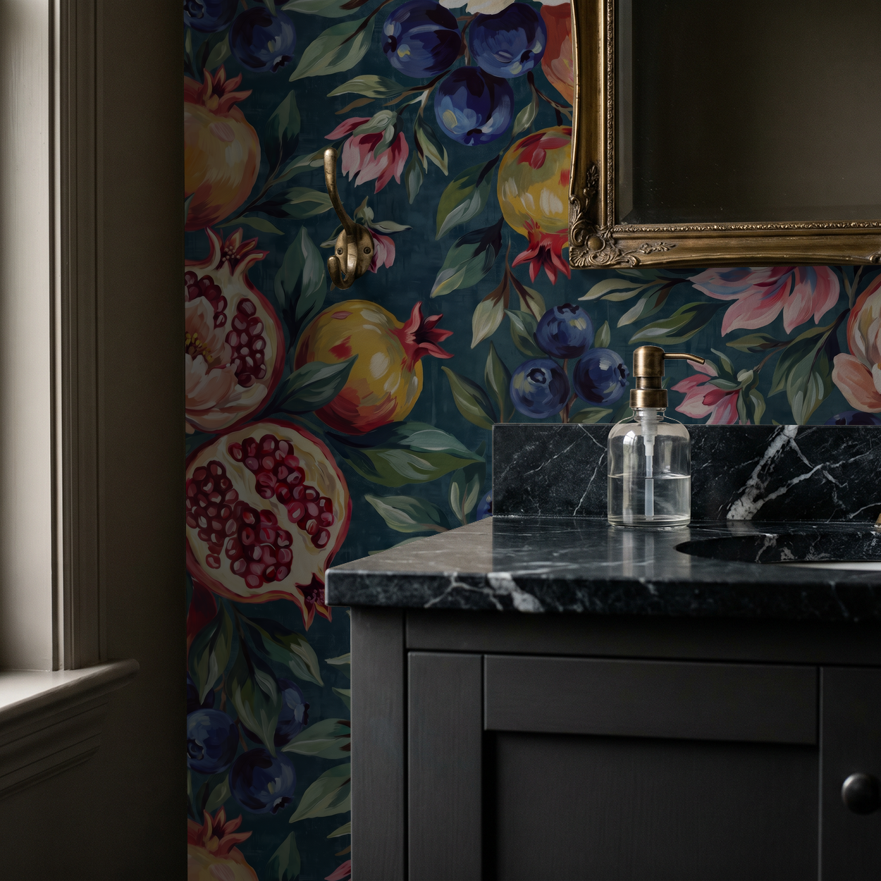 Vibrant floral wallpaper with pomegranates and blueberries in a bathroom setting.