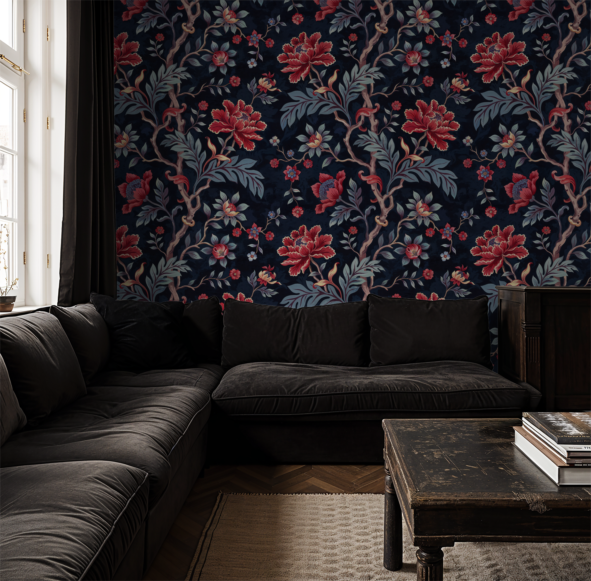 Victoria's Vine wallpaper with red floral pattern on midnight blue in cozy living room.