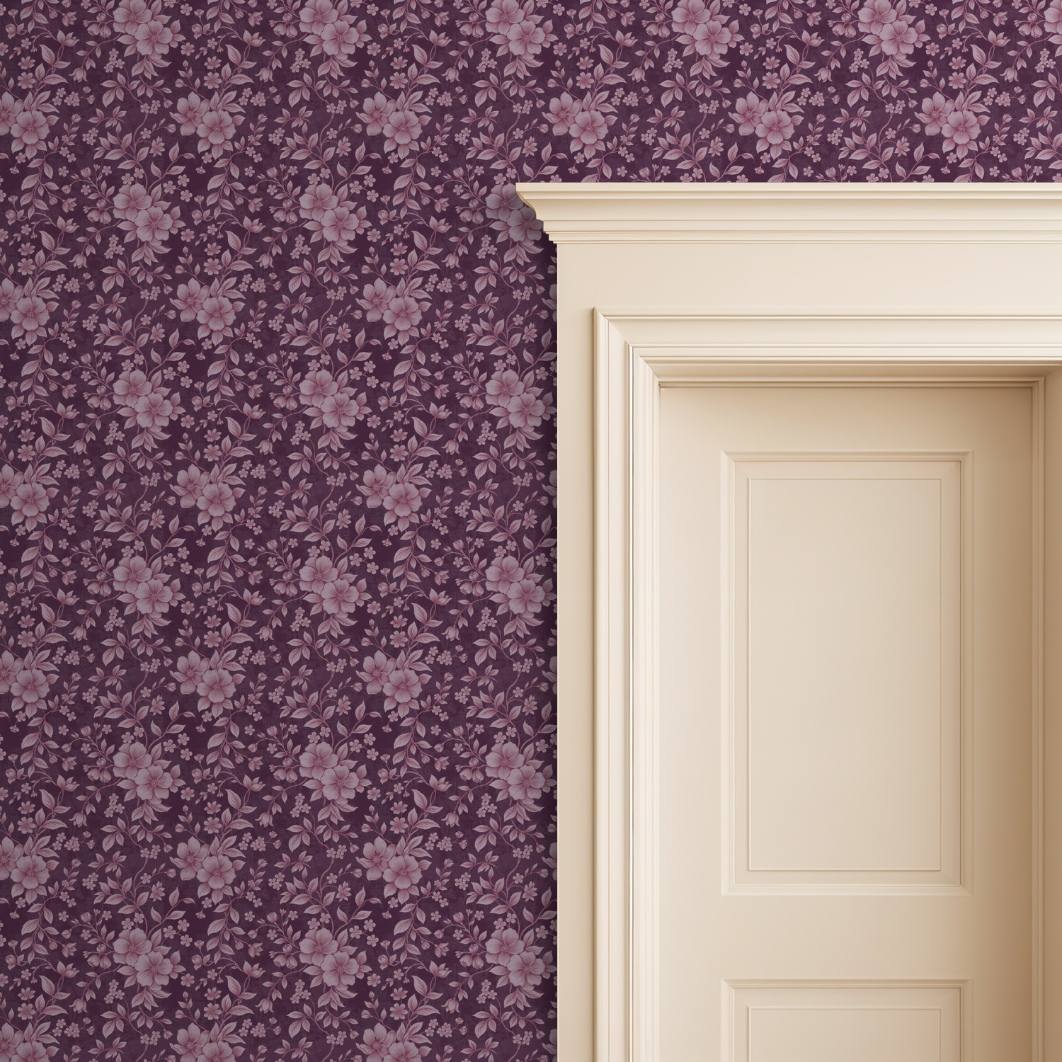 Vienna wallpaper with pink floral pattern on deep purple background beside cream door frame.
