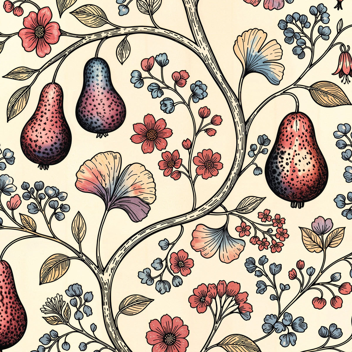 Vintage floral wallpaper with pears, coral and blue flowers on a cream background.