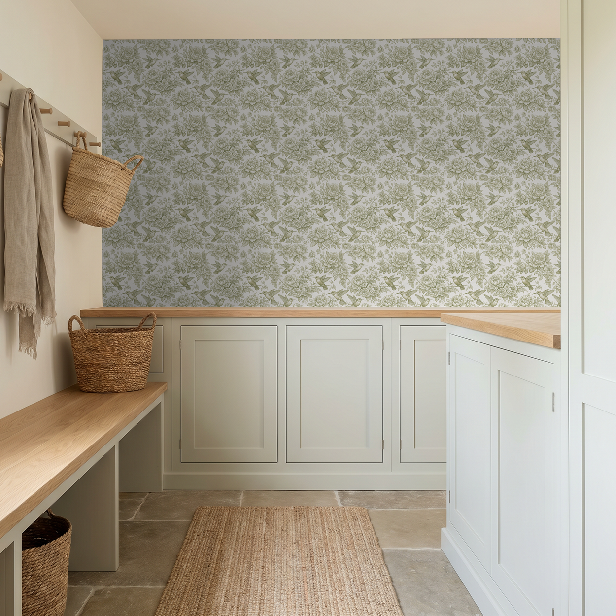Vintage floral wallpaper with hummingbirds and peonies in a serene mudroom.