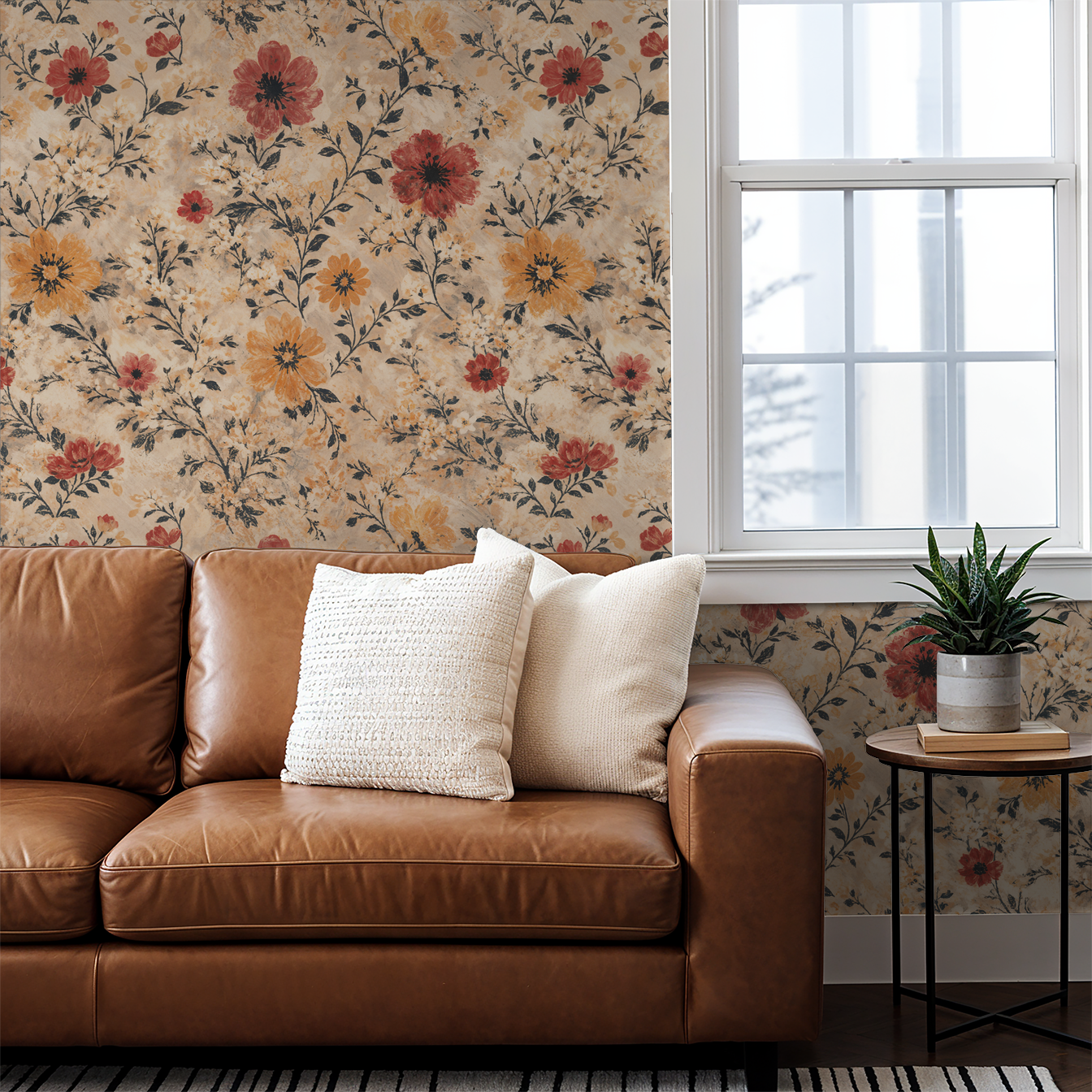Vintage floral wallpaper with red and amber flowers in cozy living room with brown leather sofa.