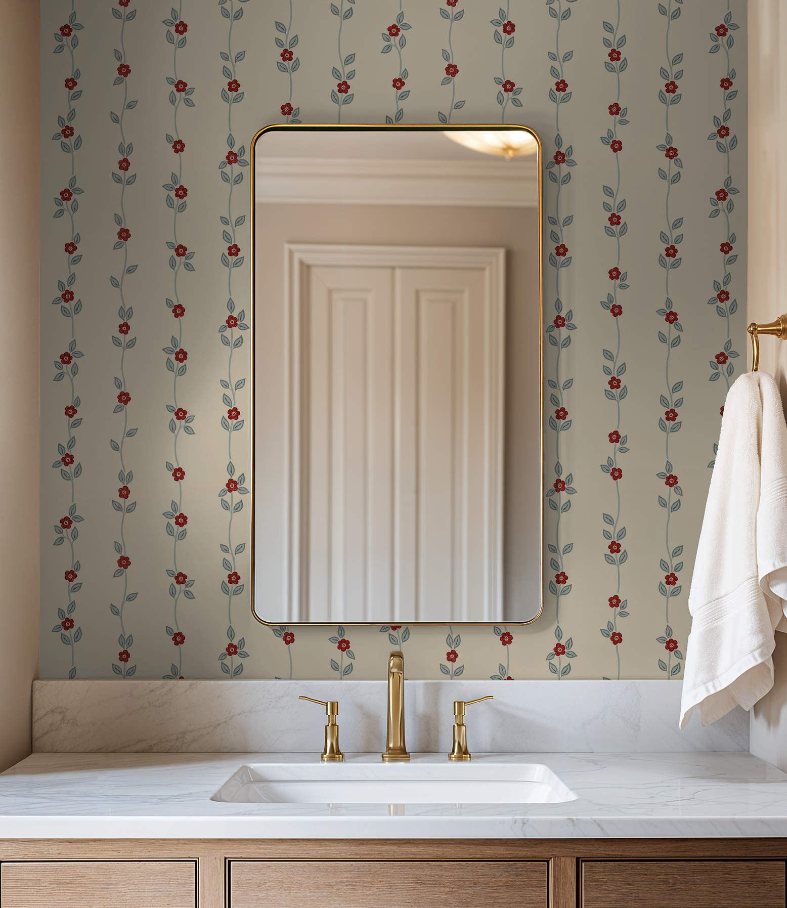 Vintage floral wallpaper with red blossoms on cream background in a bathroom setting.