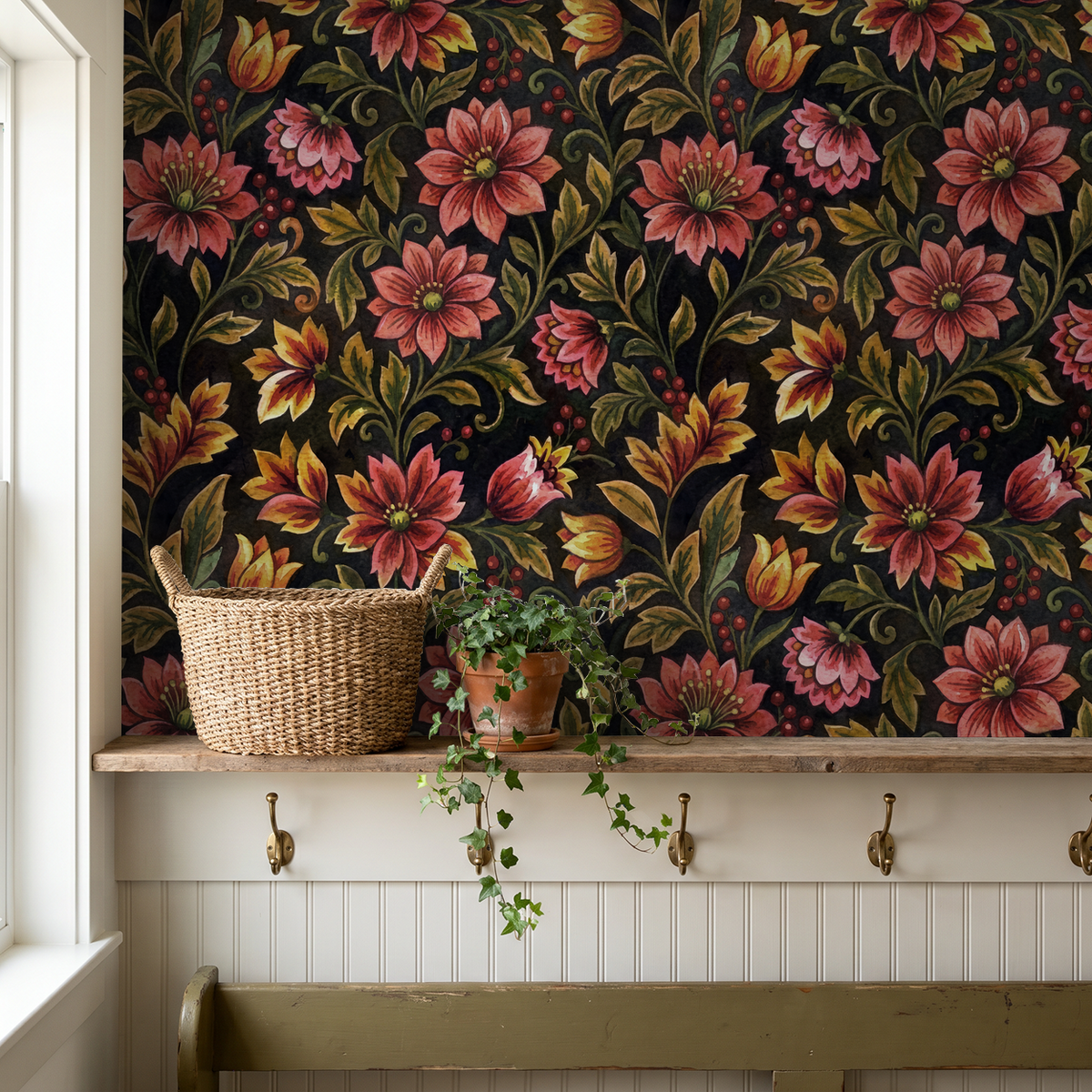 Vintage floral wallpaper with red and pink flowers on dark background in cozy room.