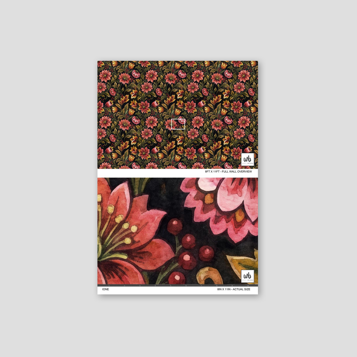 Vintage floral wallpaper with red and pink flowers on a dark background.