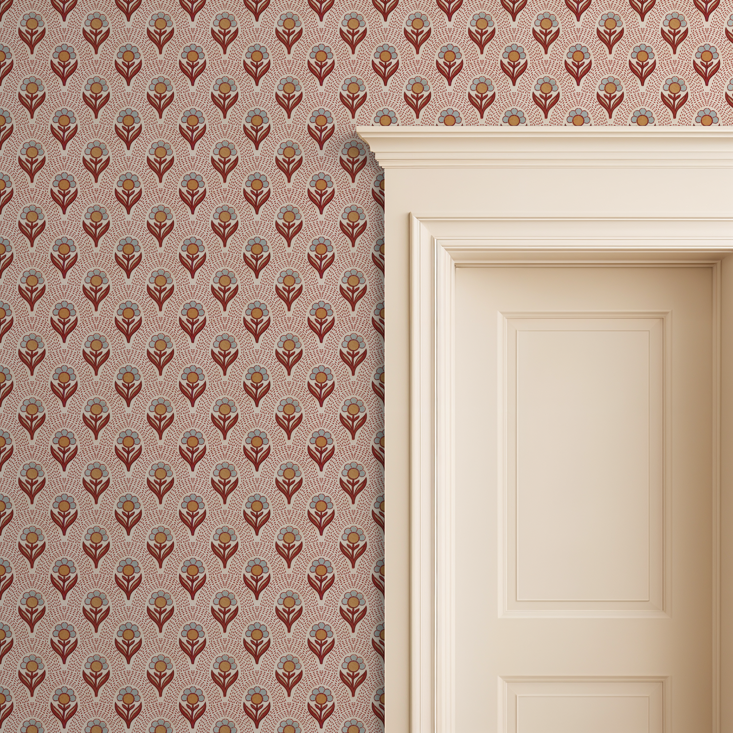Vintage floral wallpaper with rust and ochre pattern next to a cream door frame.