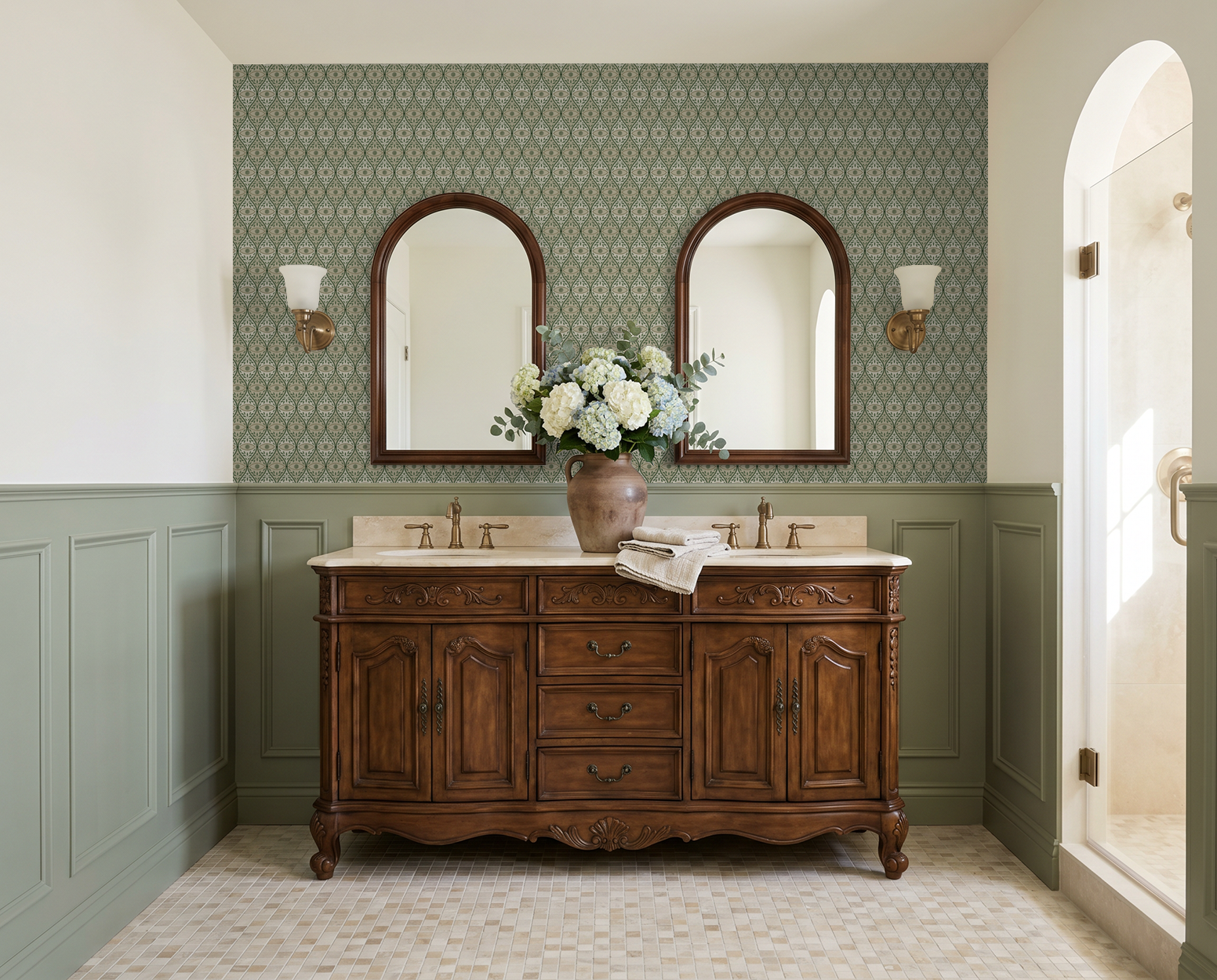 Vintage green geometric wallpaper in elegant bathroom with wood vanity.