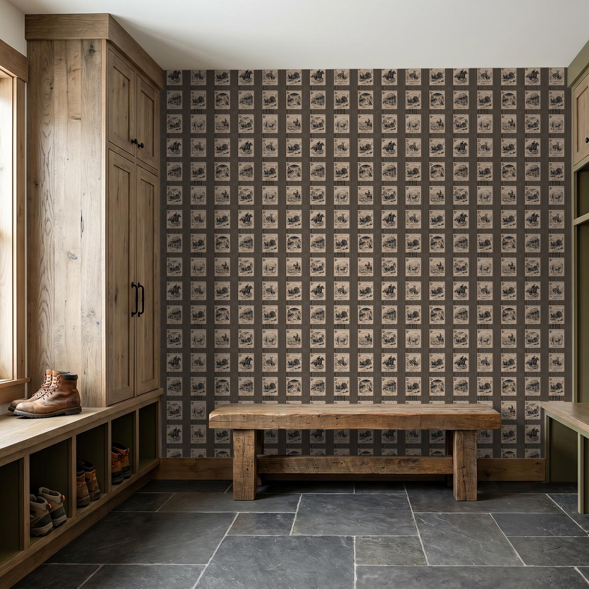 Vintage stamp motif wallpaper in rustic entryway with wooden bench and cabinets.