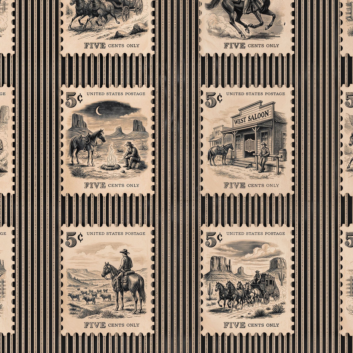 Vintage Wild West stamp pattern wallpaper with sepia tones and vertical stripes.