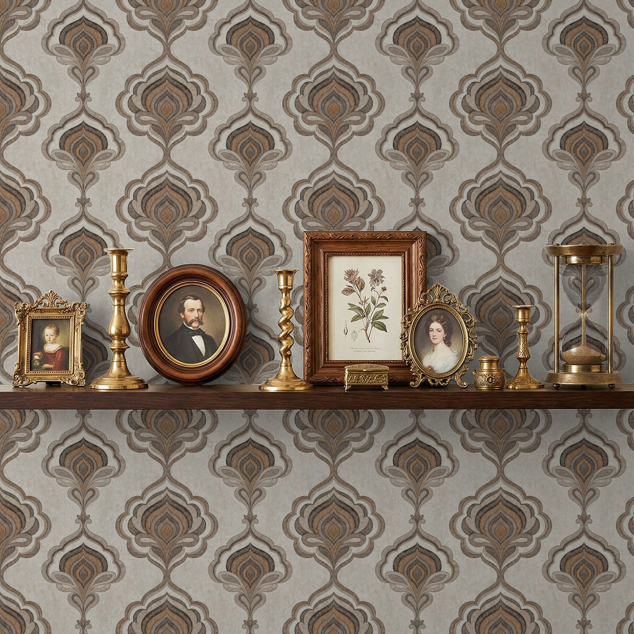Voss wallpaper with ornate taupe and caramel motifs in vintage decor setting.