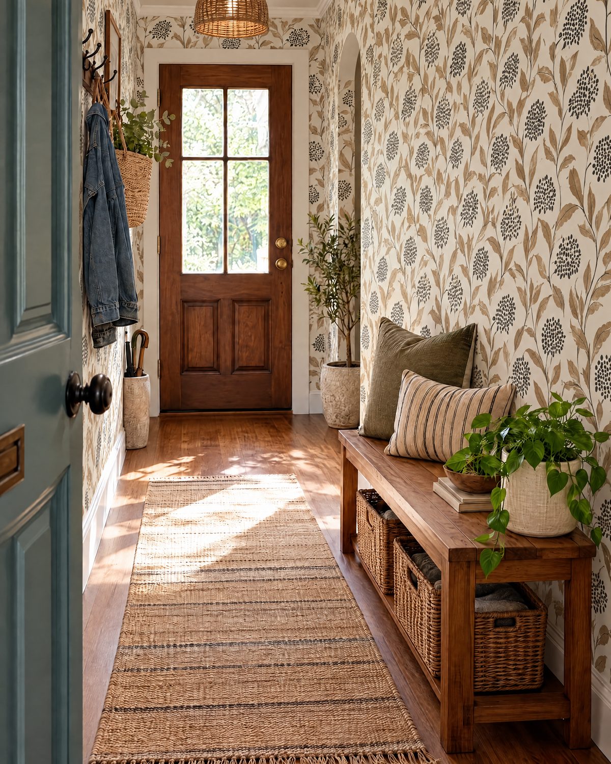Entryway with tan leaf and dotted floral wallpaper and wood bench