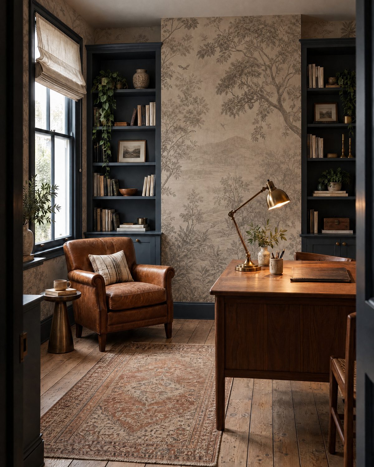 Home office with muted botanical landscape mural wallpaper and leather chair