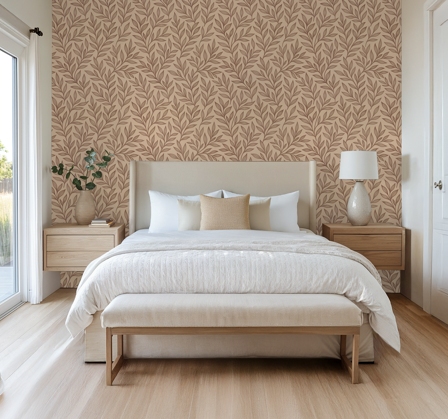 Warm beige vine-patterned wallpaper in elegant bedroom setting