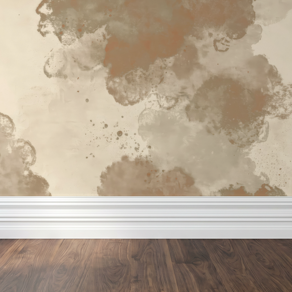 Warm taupe abstract watercolor wallpaper in a modern room with wood flooring.