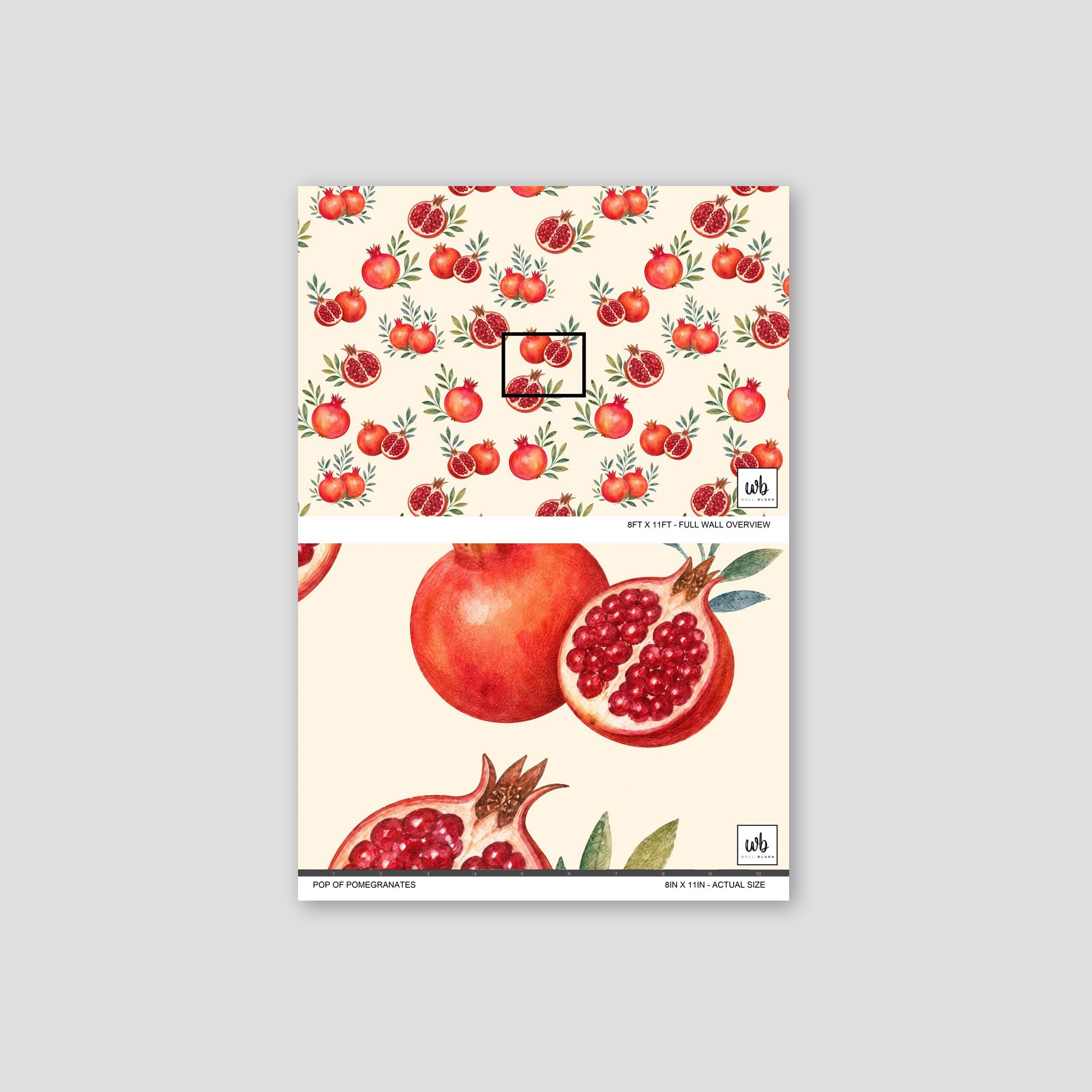 Watercolor pomegranate wallpaper with green leaves on cream background.