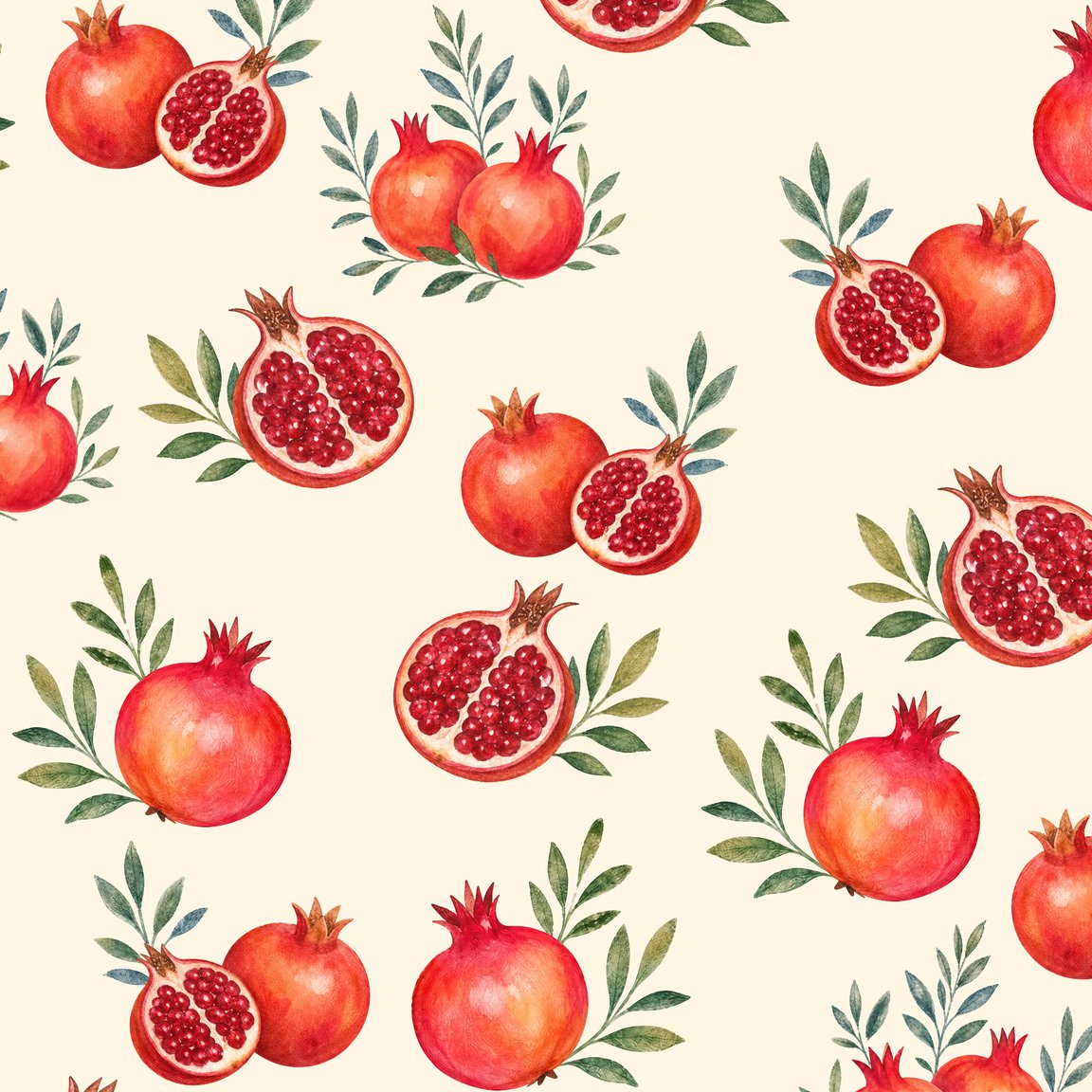 Watercolor pomegranate wallpaper with green leaves on cream background.