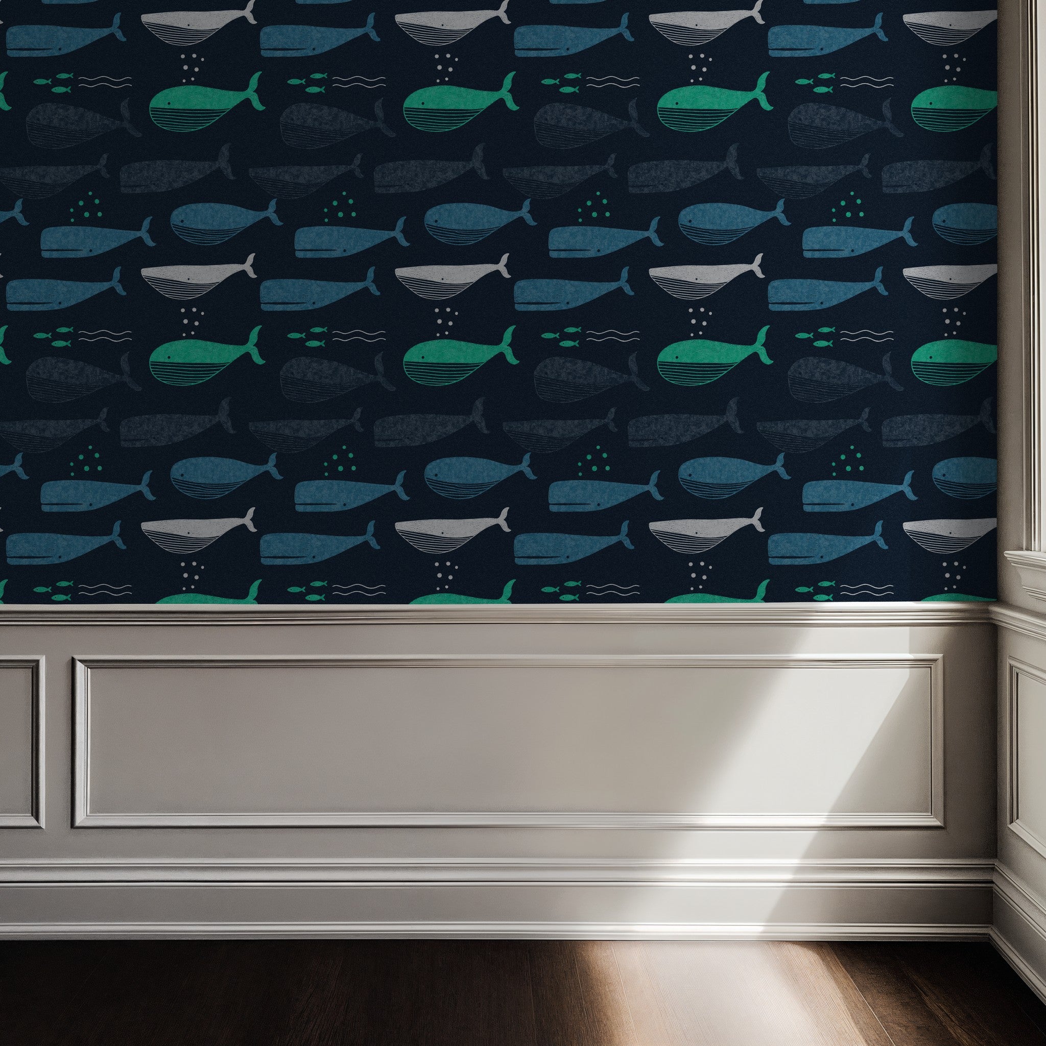 Whale pattern wallpaper in teal and navy in a sunlit room.