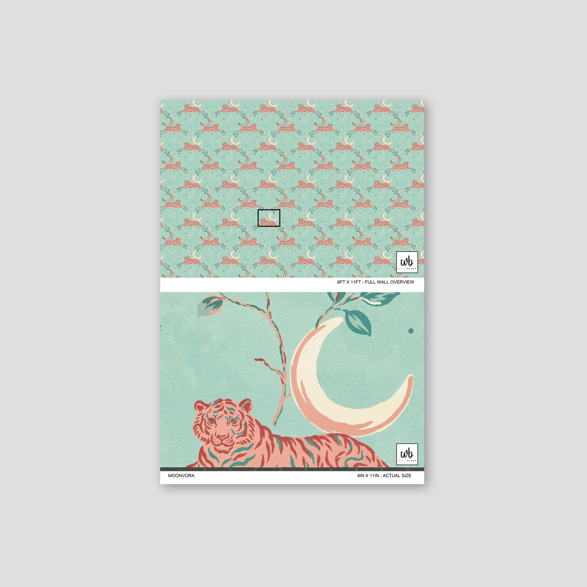 Whimsical aqua wallpaper with tigers, crescent moons, and foliage accents.