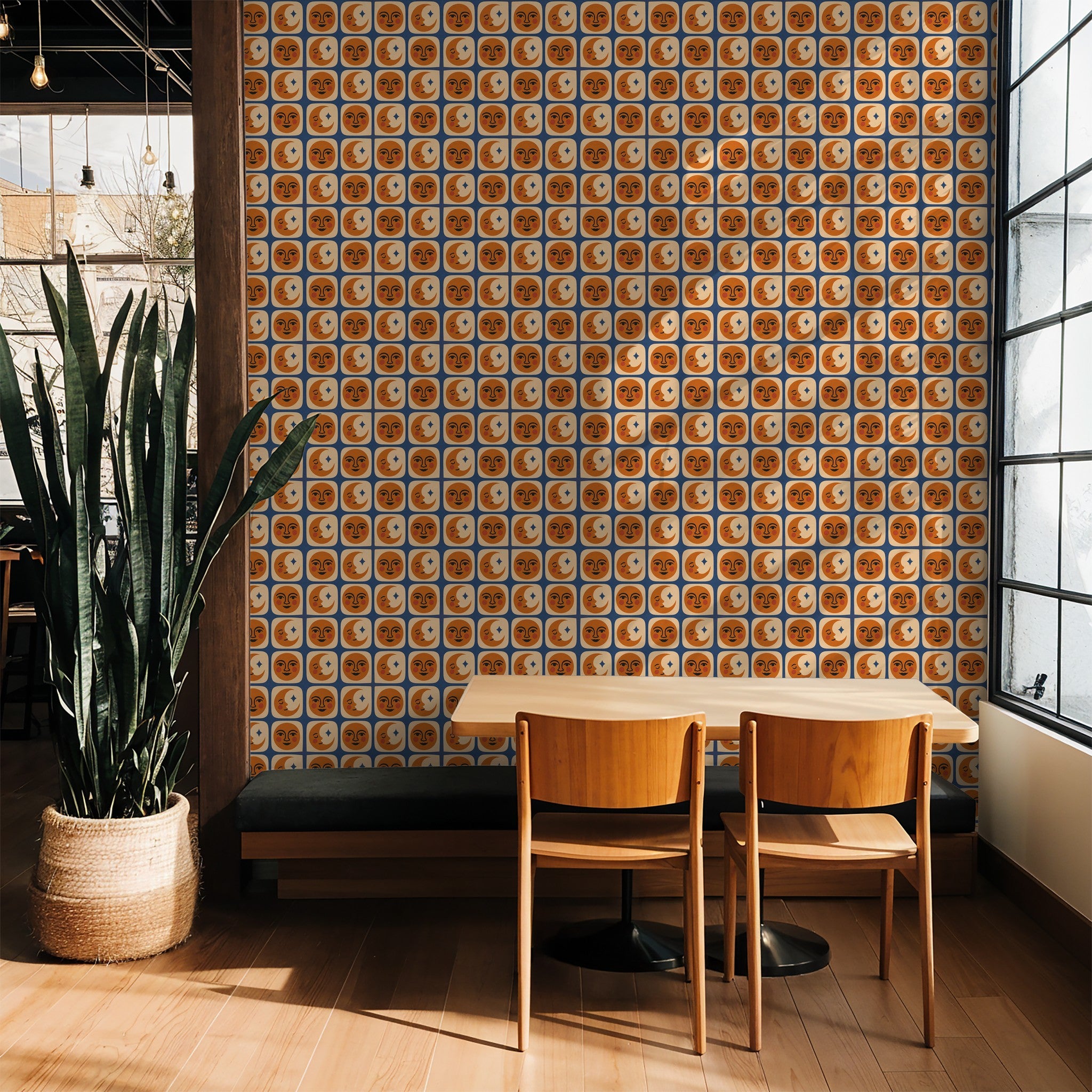 Whimsical Soluna wallpaper with terracotta faces and cream moons on indigo background.
