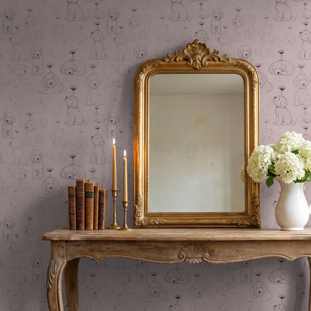 Whimsical dog wallpaper with coupe glasses on soft pink in elegant room with mirror.