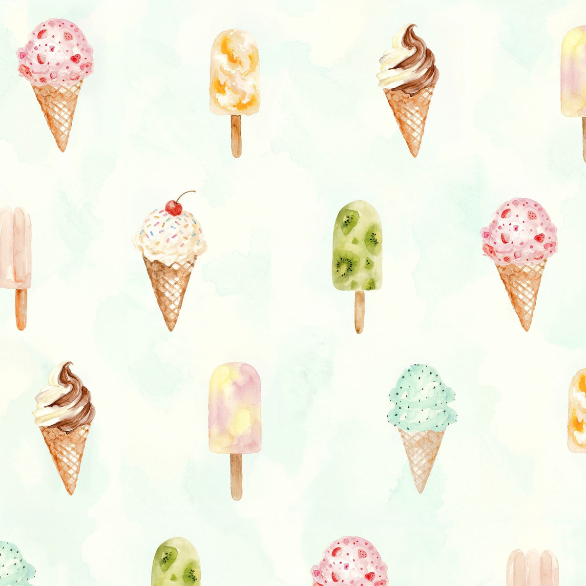 Whimsical ice cream and popsicle pattern wallpaper in pastel hues.