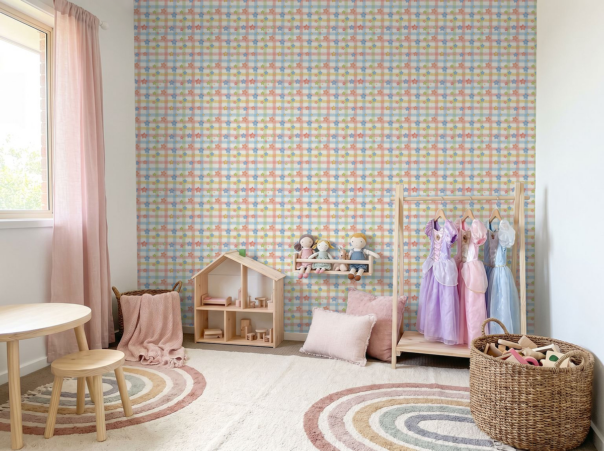 Whimsical star and plaid pastel wallpaper in a child's playroom with toys and dresses.