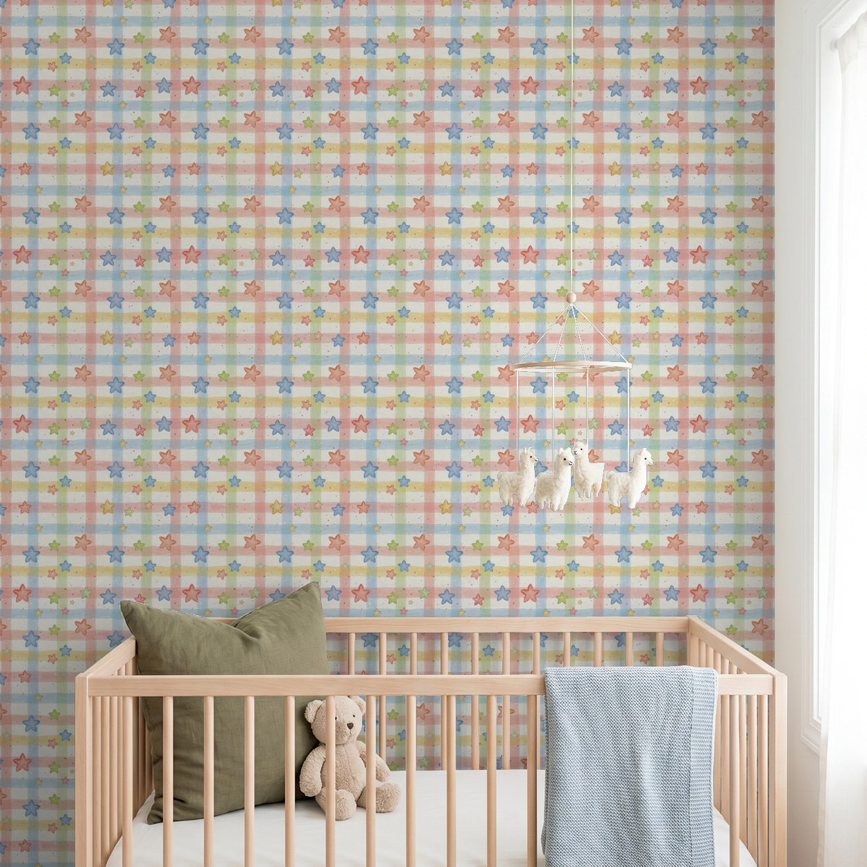 Whimsical star plaid pastel wallpaper in a nursery with crib and plush toys.