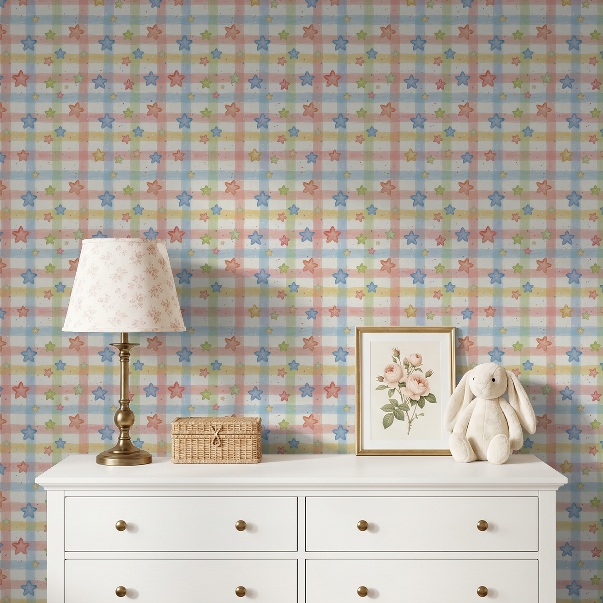 Whimsical star plaid wallpaper in pastel colors in a child's room with lamp and toys.