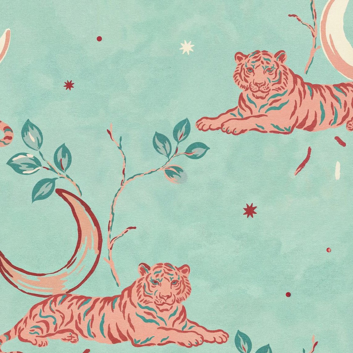 Whimsical tigers and crescent moons on aqua wallpaper with foliage and stars.