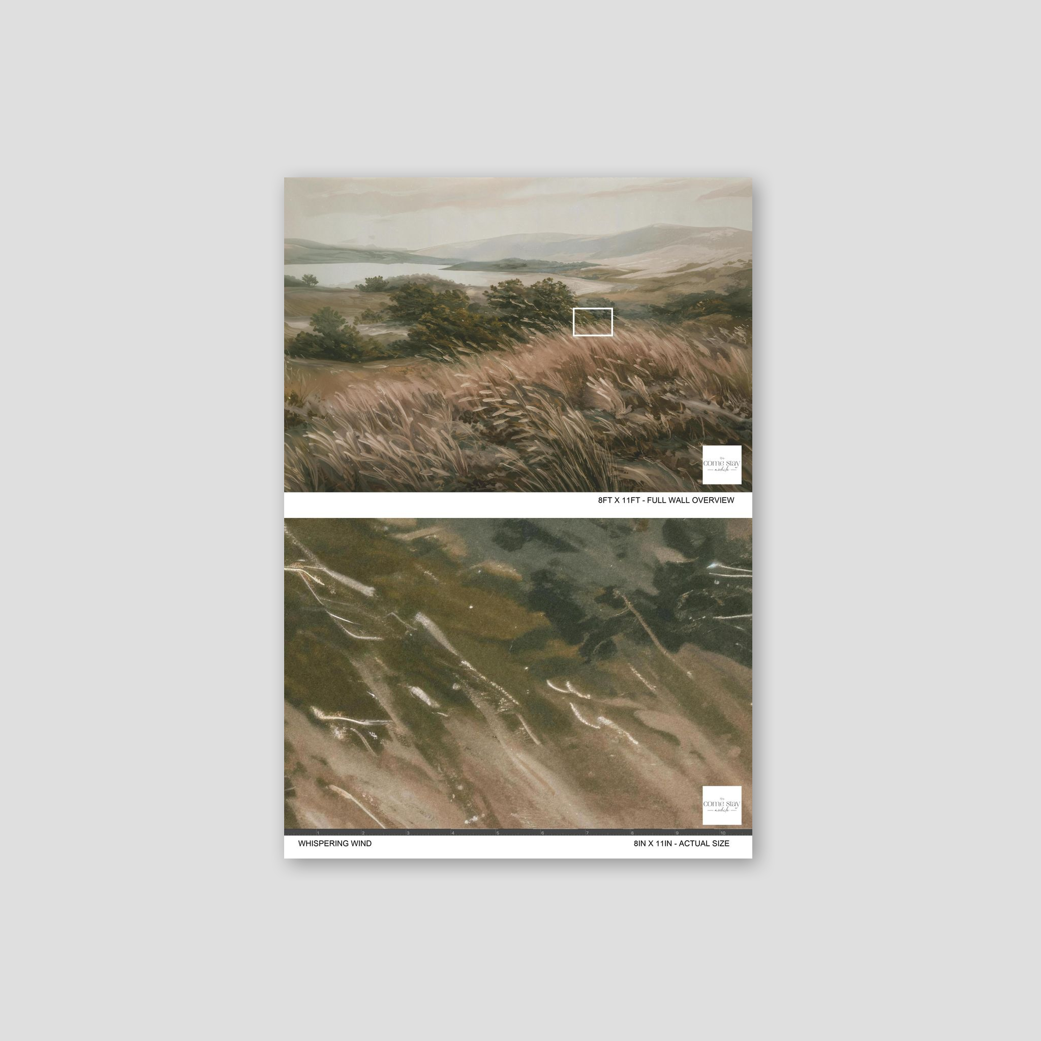 Whispering Wind wallpaper with olive, taupe, and gray landscape pattern.