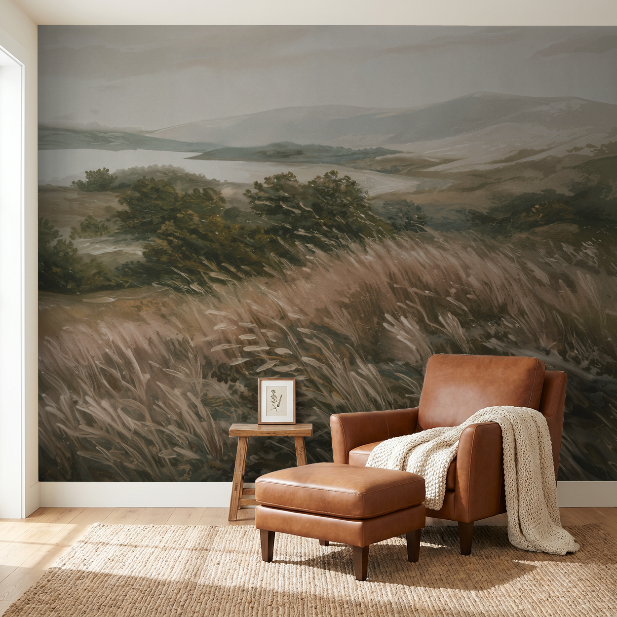 Whispering Wind wallpaper with olive and taupe landscape in cozy living room.