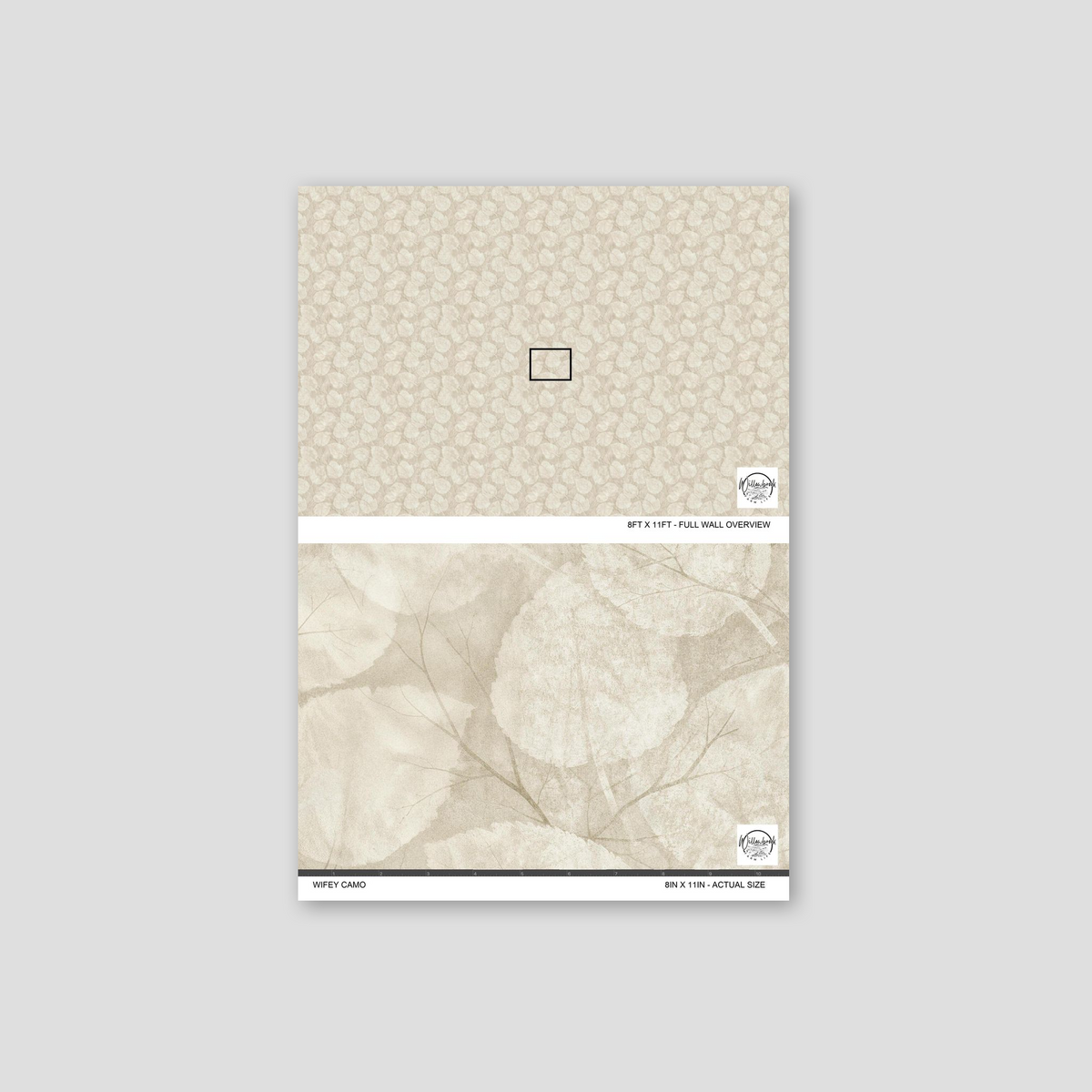Wifey Camo wallpaper sample with muted earthy leaf pattern.