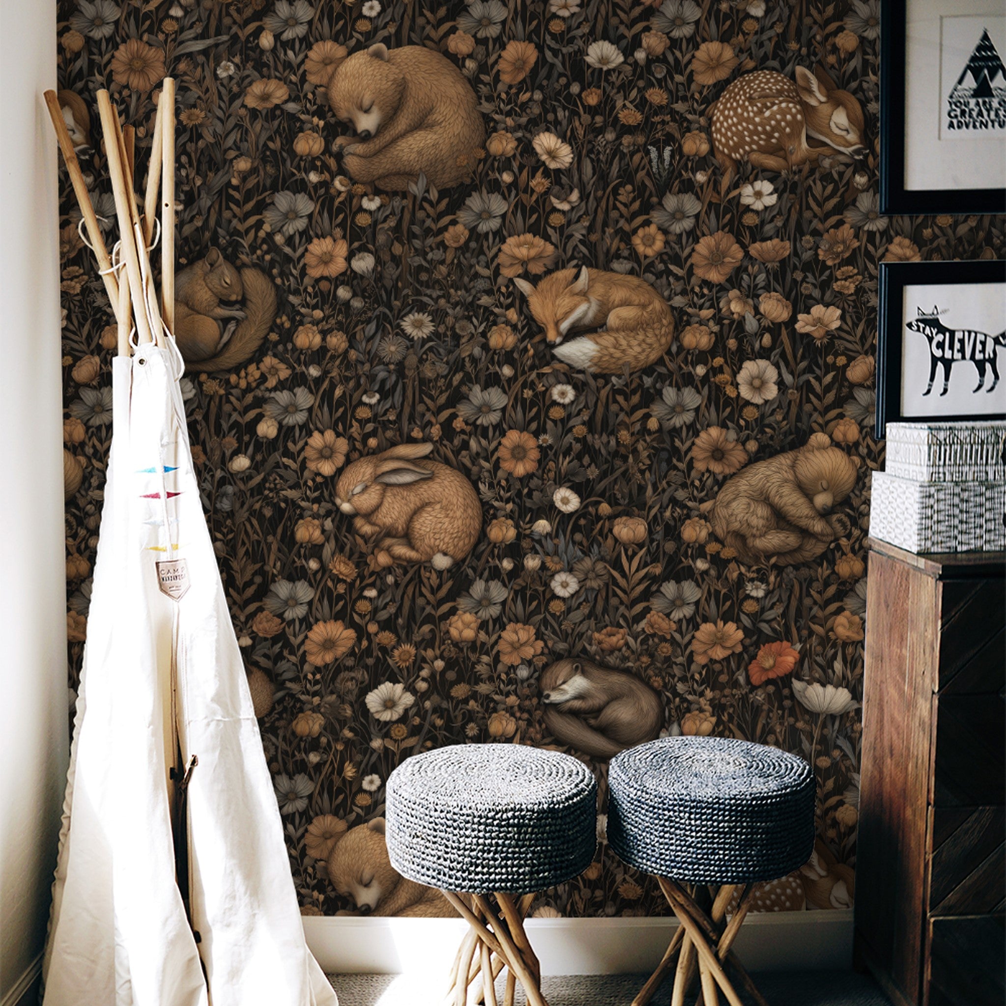 "Wall Blush Woodland Dreams Wallpaper in a cozy nook, highlighting woodland creatures and floral patterns"