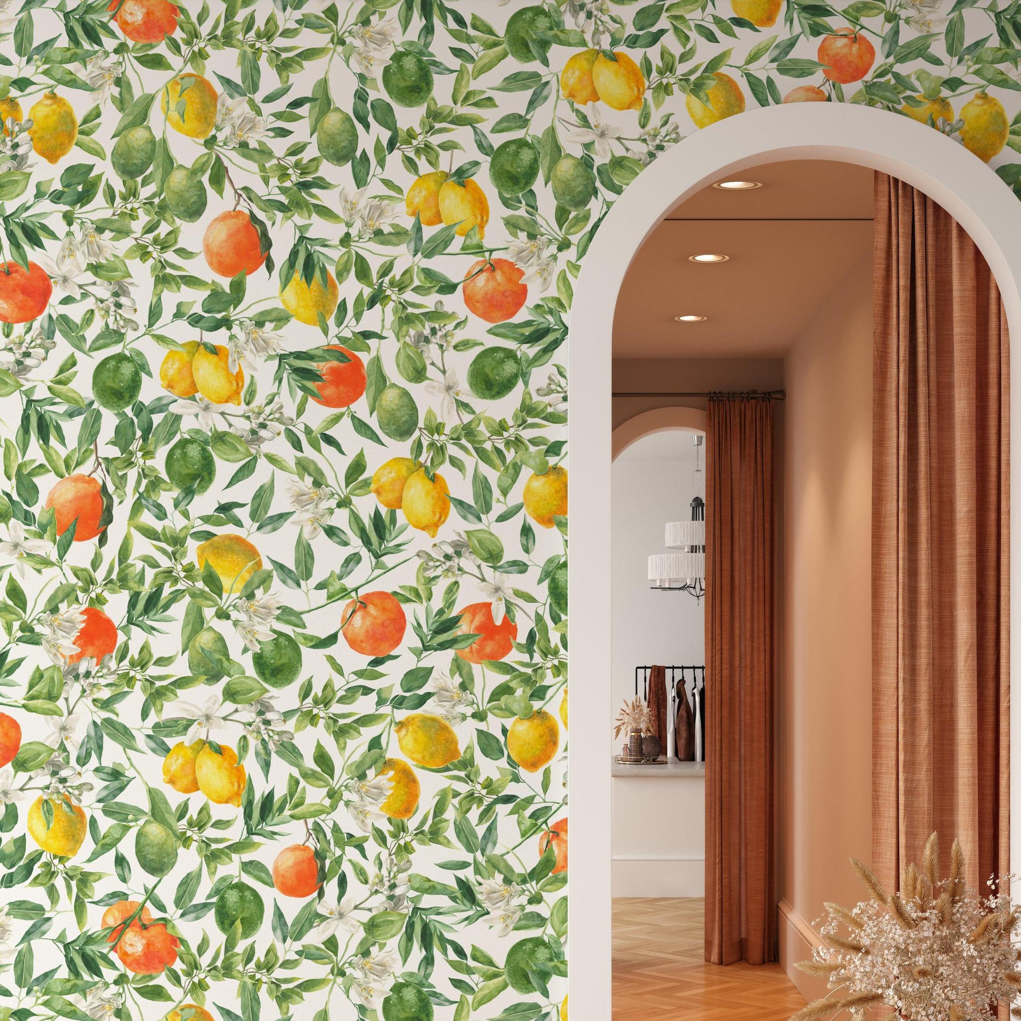 Mediterranean Wallpaper by Wall Blush SG02 featured in stylish living room setting, highlighting vibrant citrus design.

