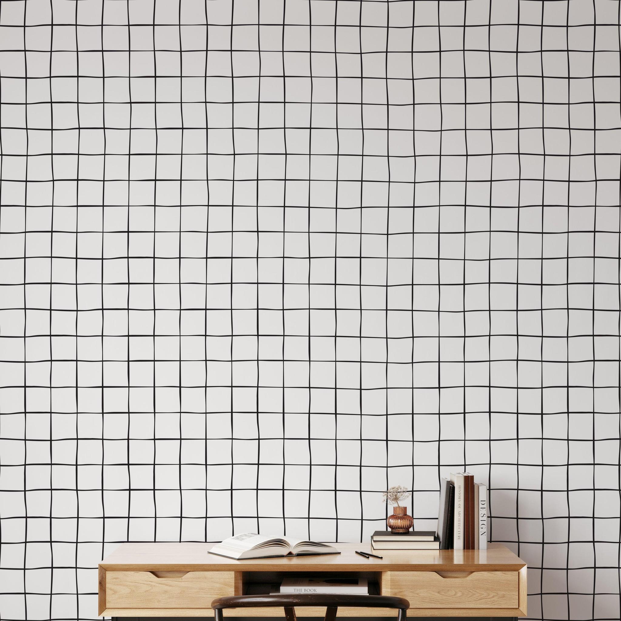 Buxton Wallpaper design by Wall Blush SG02 in a modern study room, the focus on elegant grid pattern.
