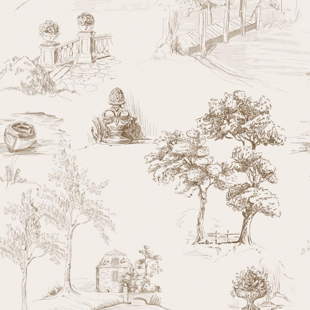 Wall Blush AW01 Loire Valley wallpaper in a bedroom, scenic sketches focused for a calming atmosphere.

